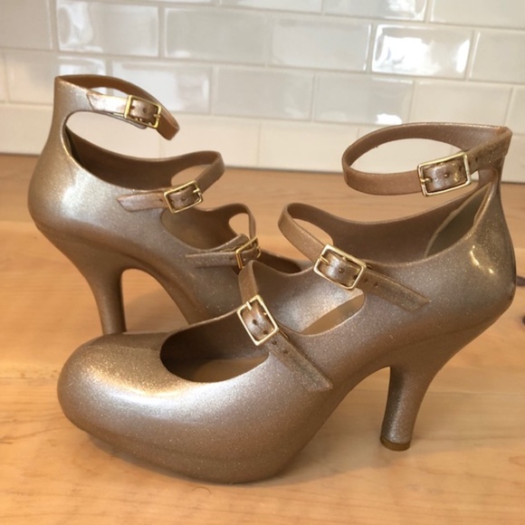 Vivienne Westwood Shoes - RARE Vivienne Westwood Gold Glitter High Heels Triple Strap size 9